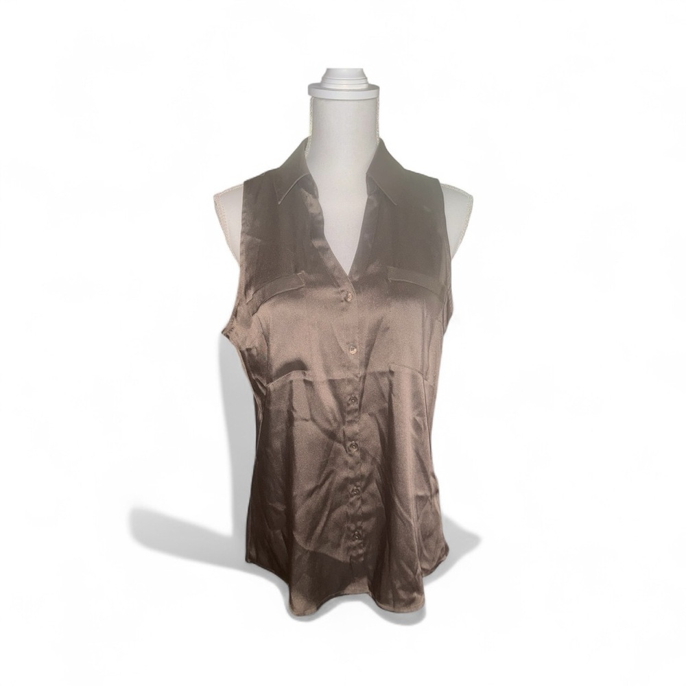 💎 Express Brown/Olive Satin Feel Blouse – Chic Neutral | Size M Slim BNWT